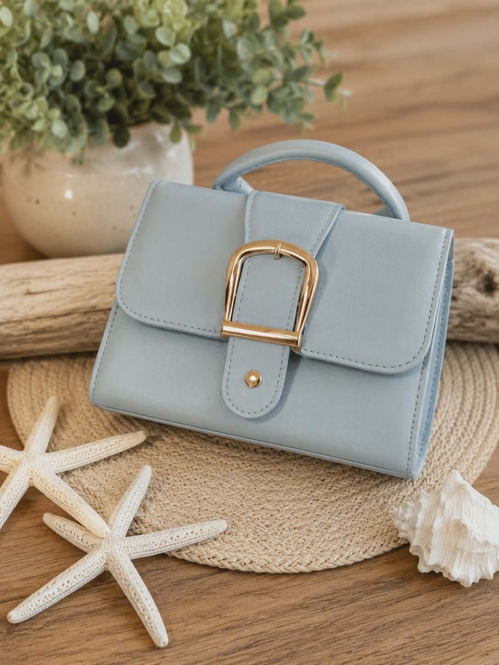 Light Blue Top-Handle Satchel with Gold Buckle